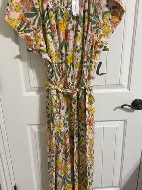Lane Bryant Floral Linen Jumpsuit Women's 18 Flutter Sleeve Smocked Wide Leg NWT